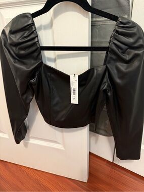 Alice + Olivia Black Faux Leather Puff-Sleeve Crop Top